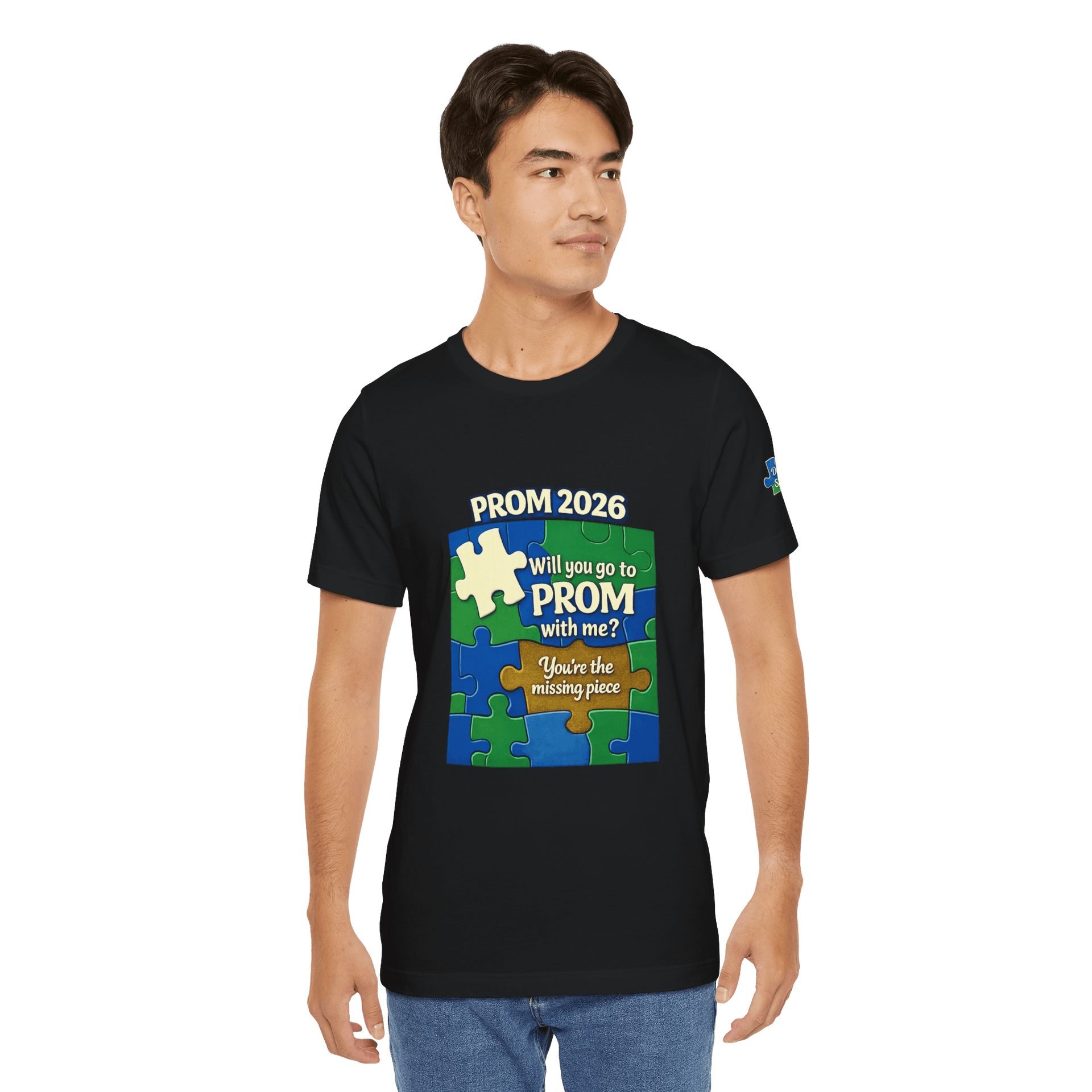 Promposal puzzle T-shirt for Prom 2026 featuring “Will you go to prom with me?” and “You’re the missing piece” puzzle design in blue and green school colors
