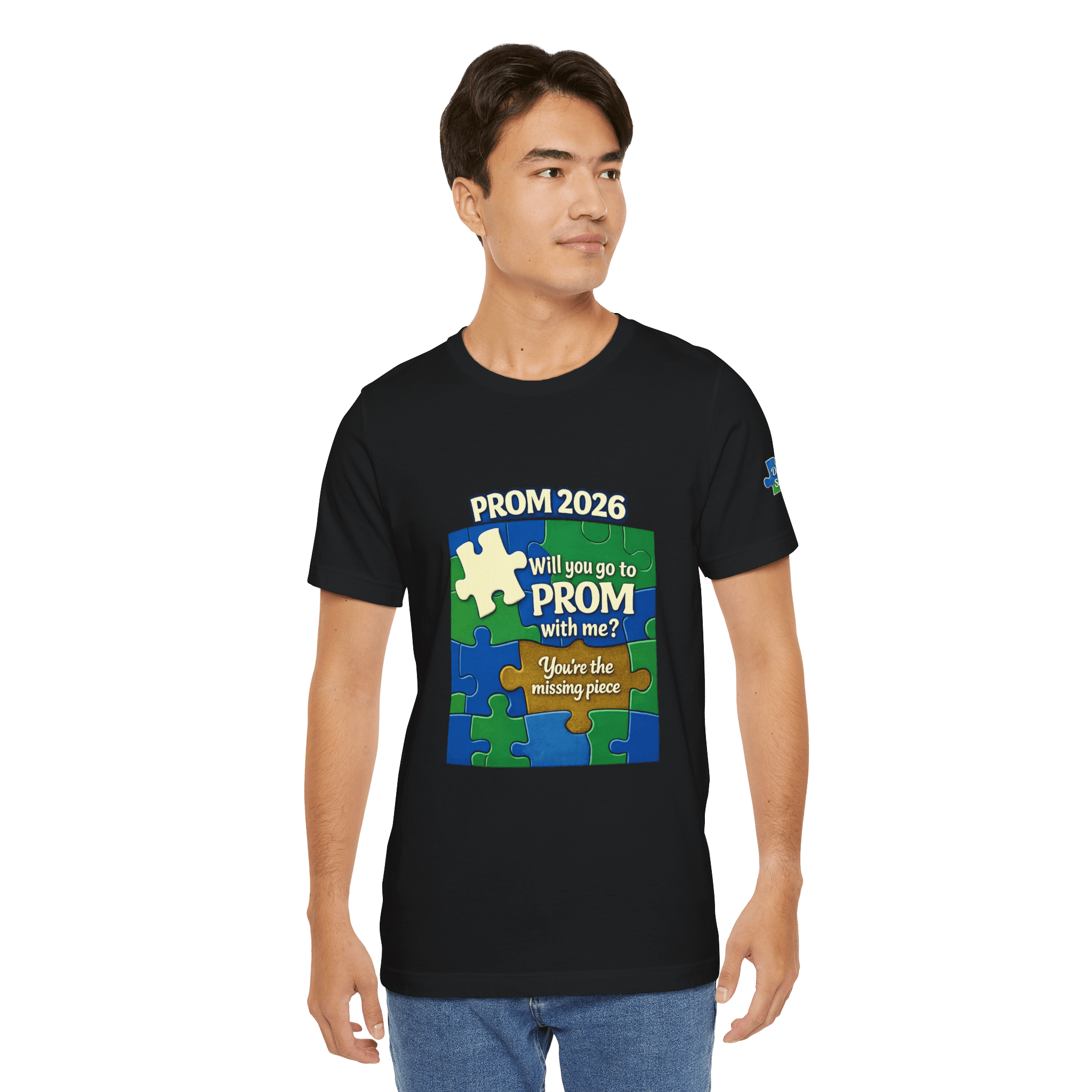 Custom promposal t-shirt featuring puzzle graphics and text asking "Will you go to Prom with me?" for Prom 2026.