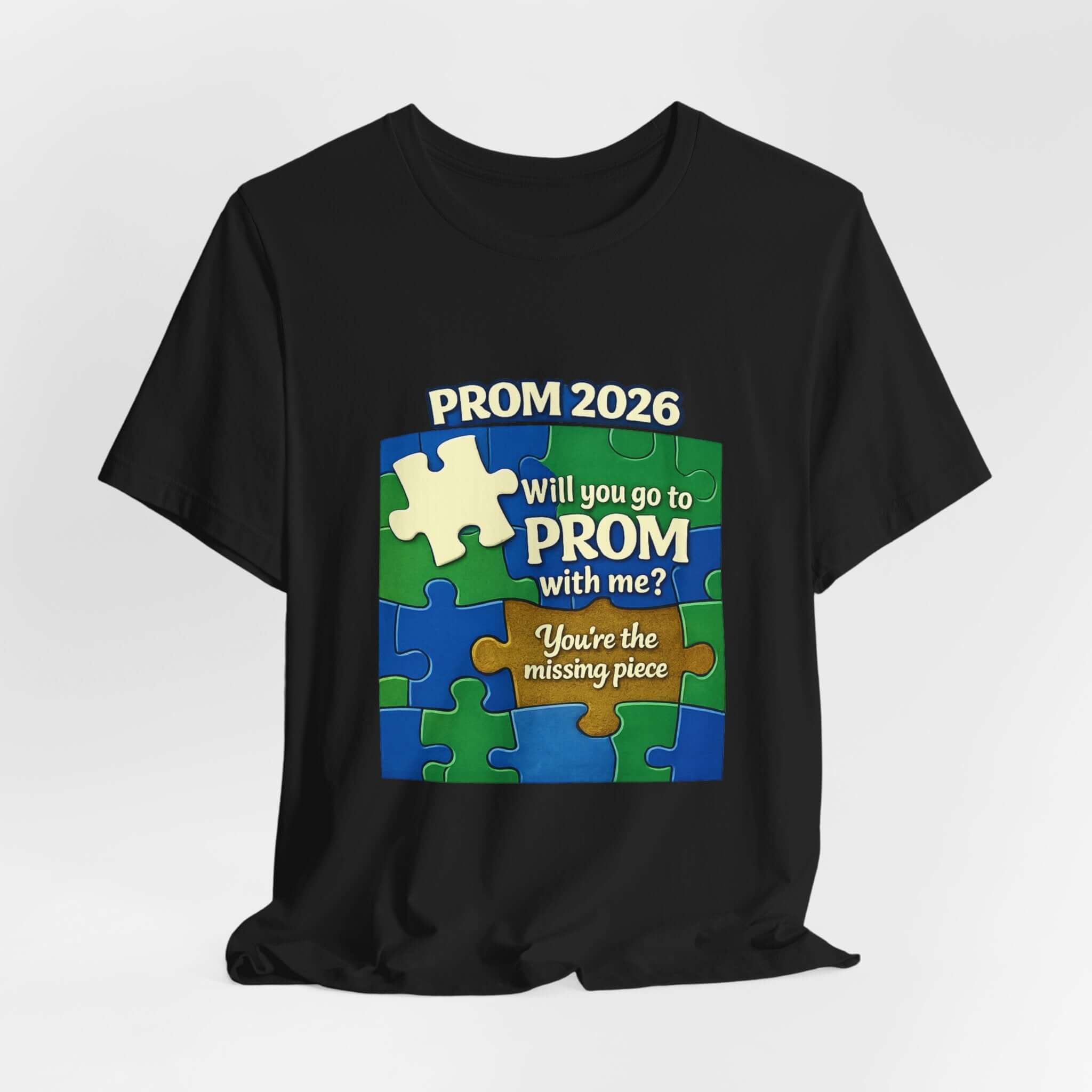 Custom promposal t-shirt featuring puzzle design for prom invite, asking 'Will you go to Prom with me?' and customizable elements.