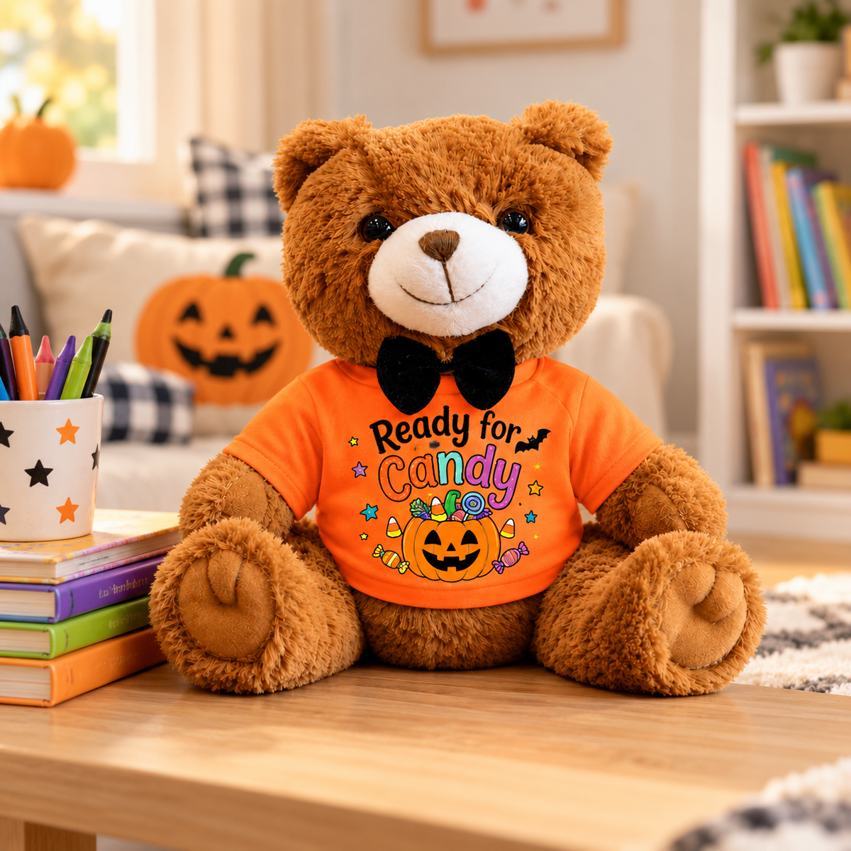 Ready for Candy teddy bear wearing a personalized Halloween T-shirt in a cozy children’s room