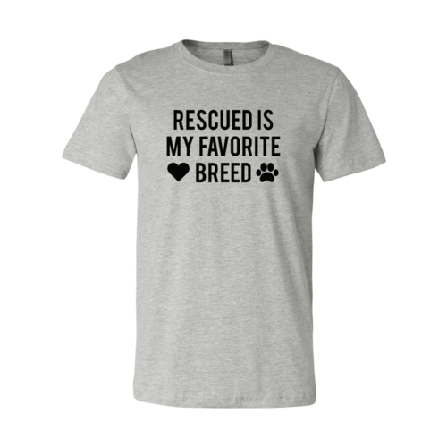 Rescued Is My Favorite Place T-Shirt featuring a design with text and paw print on a grey cotton fabric.