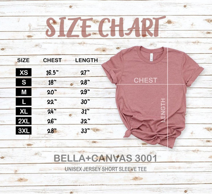 Size chart for Bella + Canvas 3001 unisex jersey short sleeve tee with dimensions for each size.