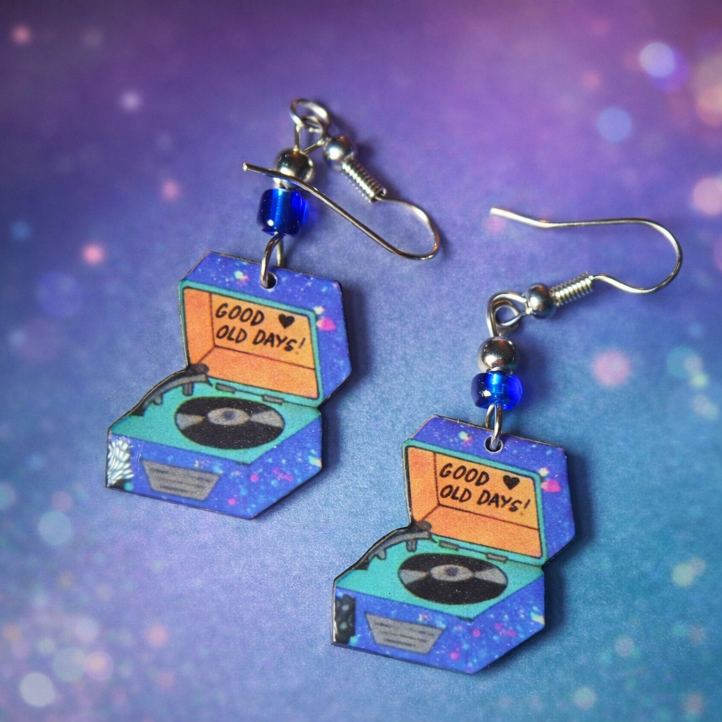 Retro turntable dangle earrings with colorful vintage design