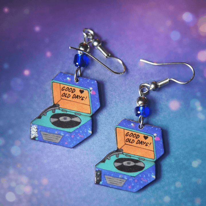 Retro turntable dangle earrings with colorful vintage design