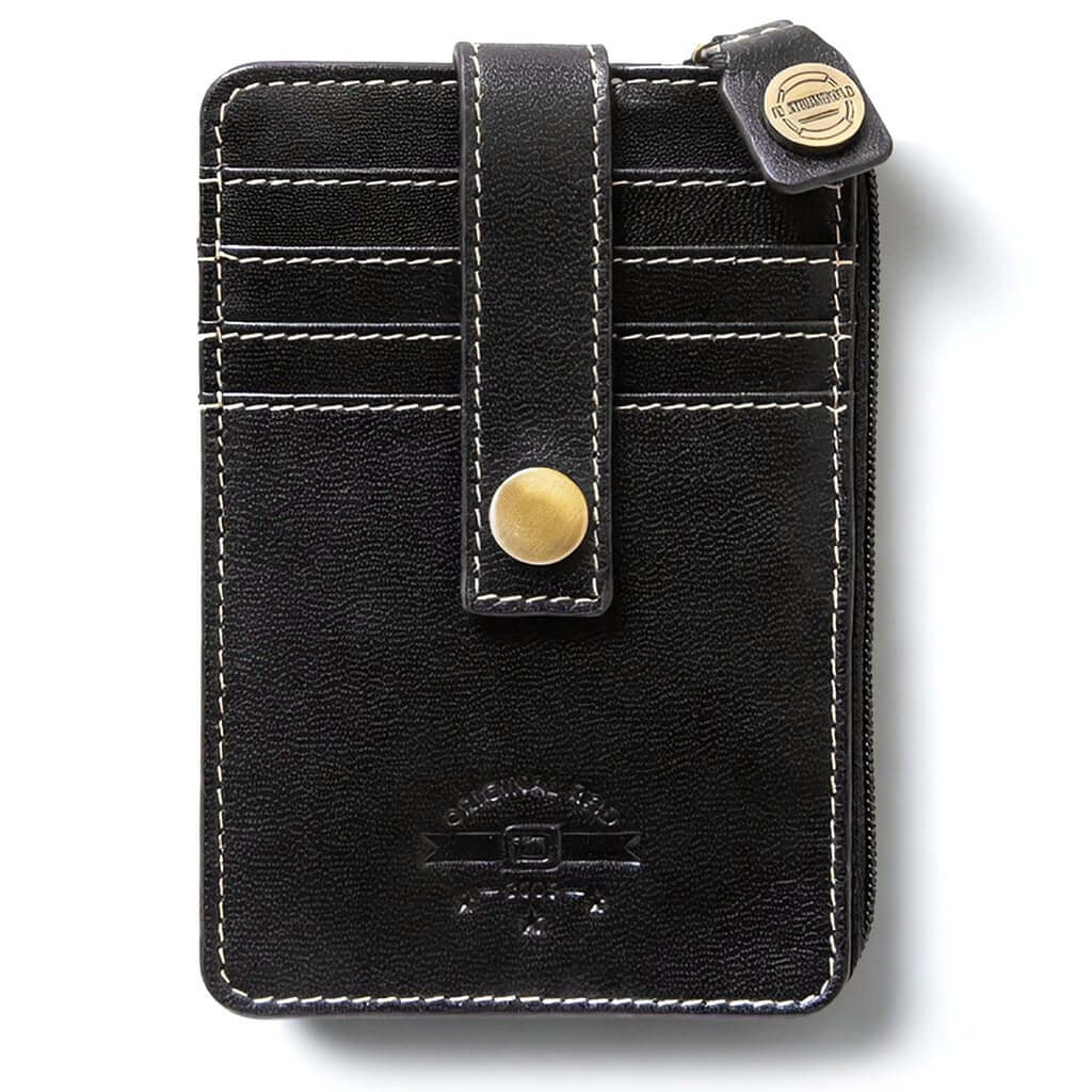 Black RFID blocking mini leather wallet with zipper pocket, card slots, secure strap closure, and slim compact design
