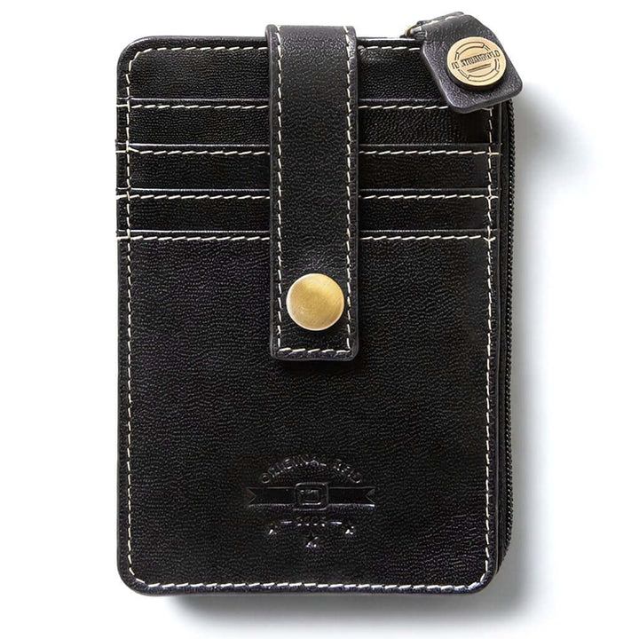 Black RFID blocking mini leather wallet with zipper pocket, card slots, secure strap closure, and slim compact design