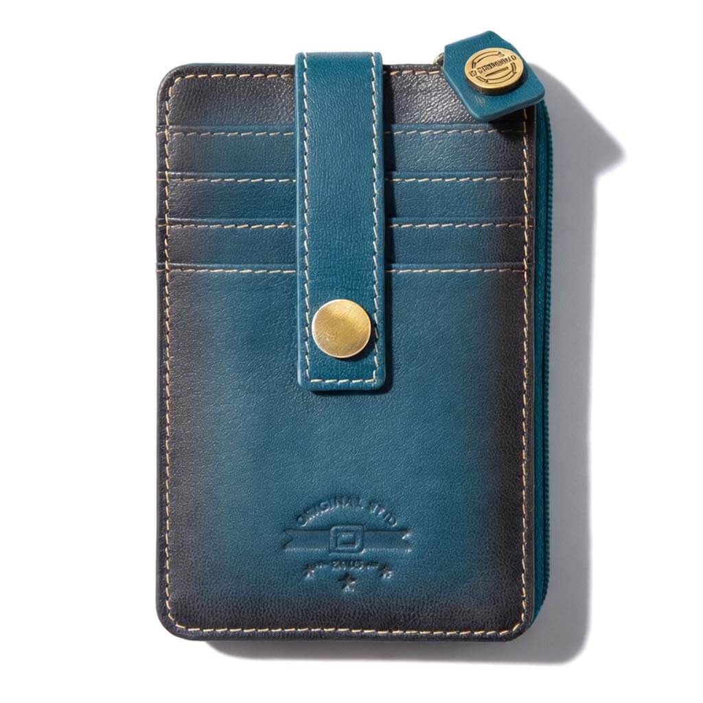 Blue RFID blocking mini leather wallet with zipper pocket, card slots, secure strap closure, and slim compact design