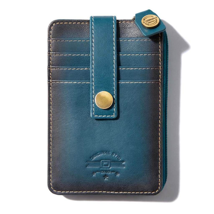 Blue RFID blocking mini leather wallet with zipper pocket, card slots, secure strap closure, and slim compact design