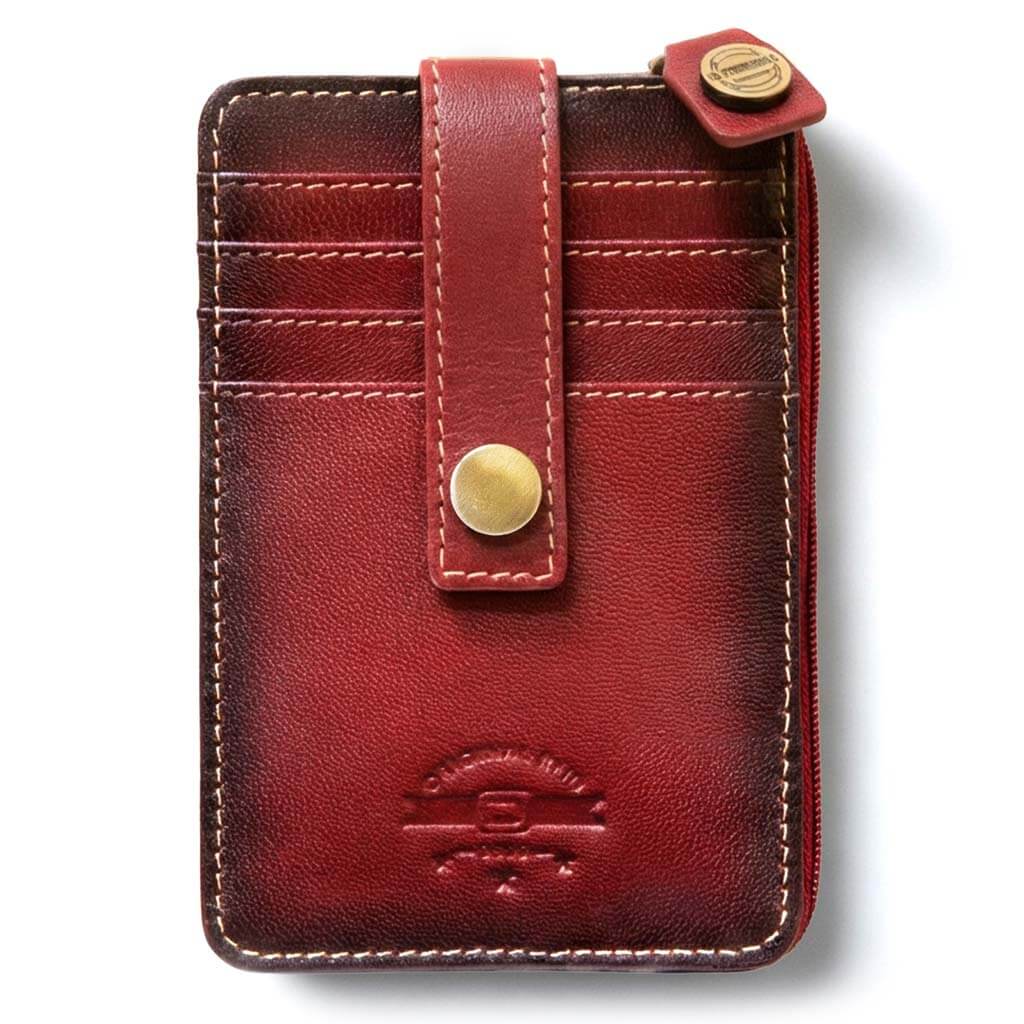 Red RFID blocking mini leather wallet with zipper pocket, card slots, secure strap closure, and slim compact design