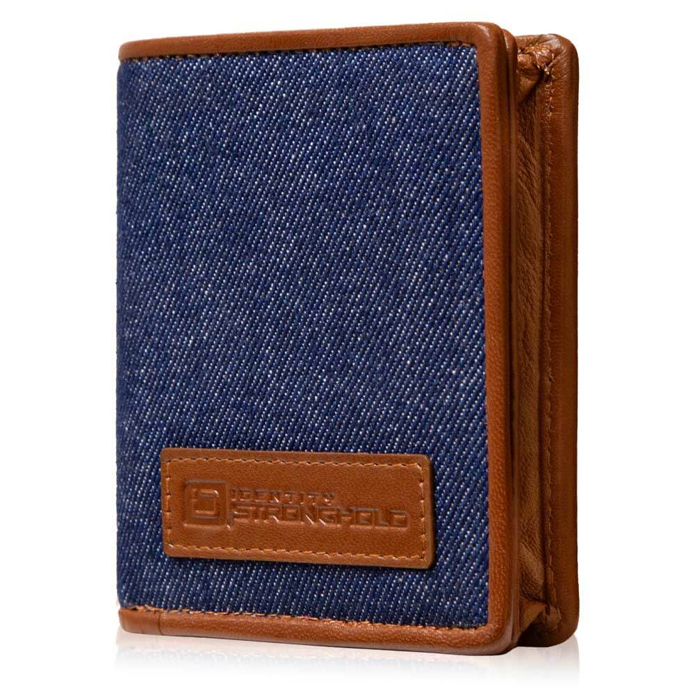RFID secure leather bifold wallet in denim with slim maximum storage design for cards cash and ID