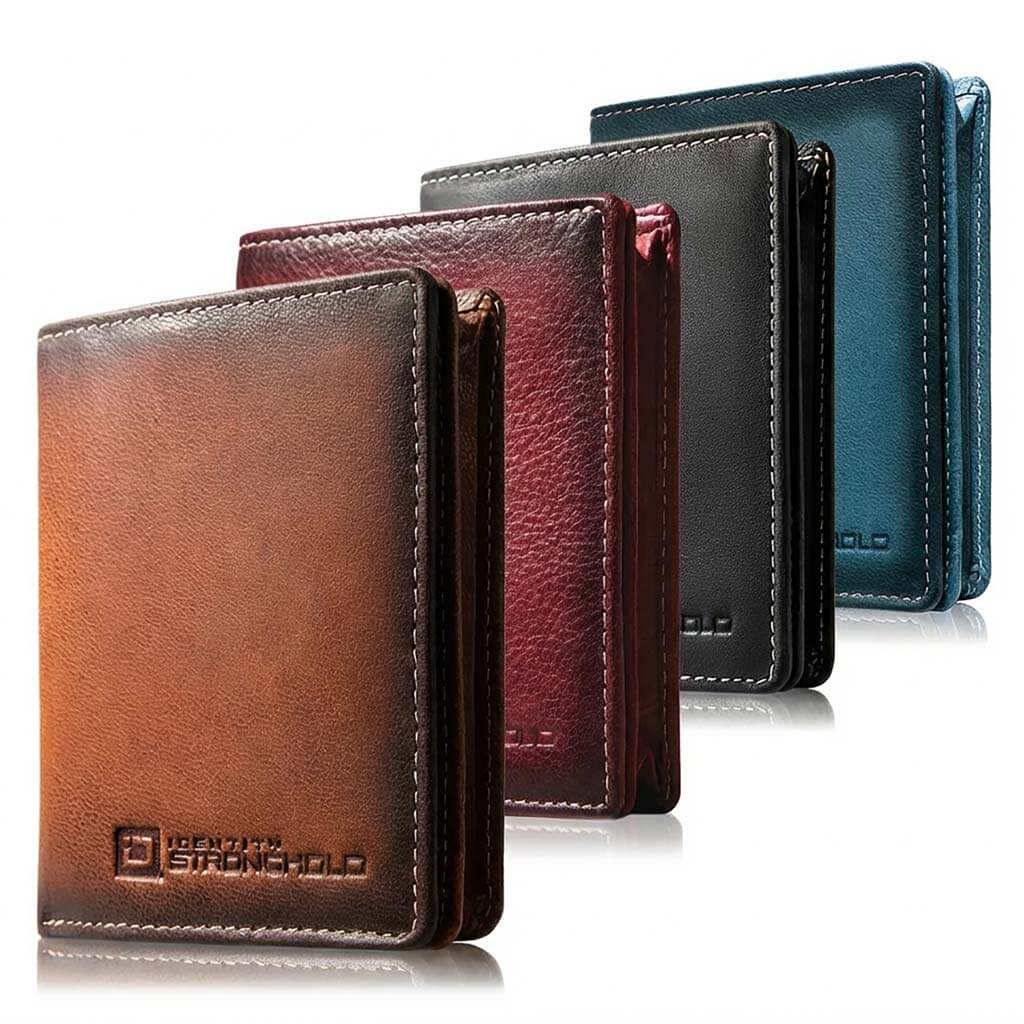 RFID bifold leather wallet collection in various colors including brown, burgundy, black, and blue.