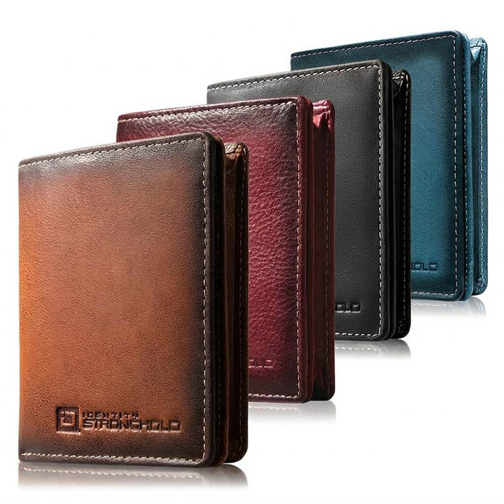 RFID bifold leather wallet collection in various colors including brown, burgundy, black, and blue.