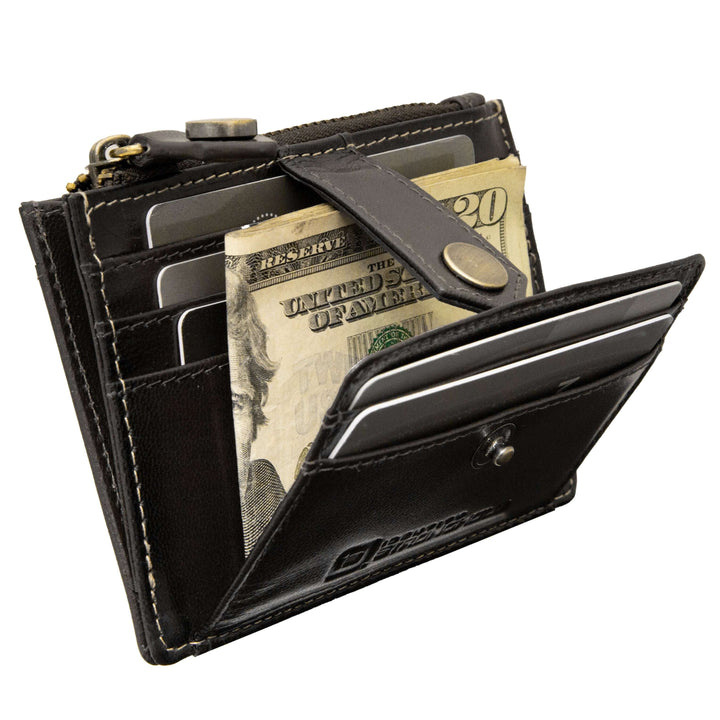 Black RFID blocking leather money clip mini wallet with zipper pocket, card slots, ID window, and slim front pocket design, opened