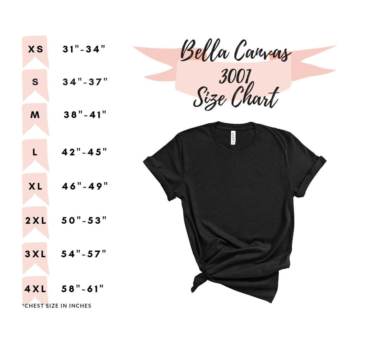 Size Chart for Pink Bella Canvas Paw Heart T-Shirt featuring a black paw print heart graphic for dog lovers, pet parents, and animal enthusiasts.
