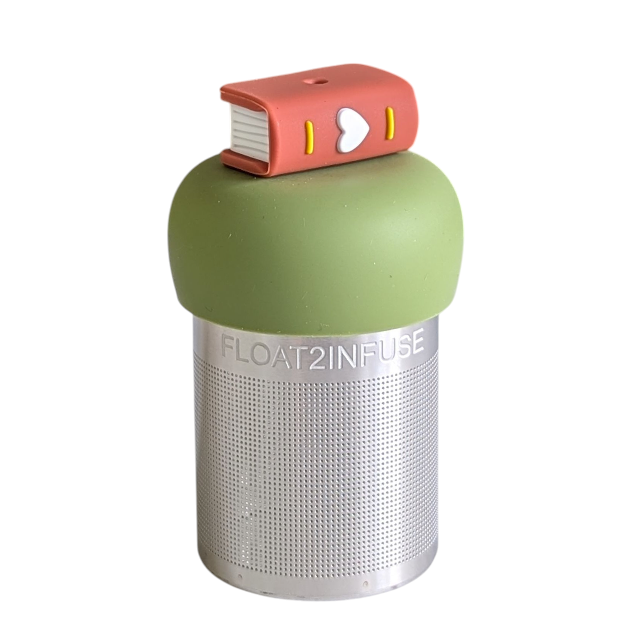 Brown book-shaped floating tea infuser with stainless steel mesh strainer for brewing loose leaf tea, perfect for book lovers and tea enthusiasts.