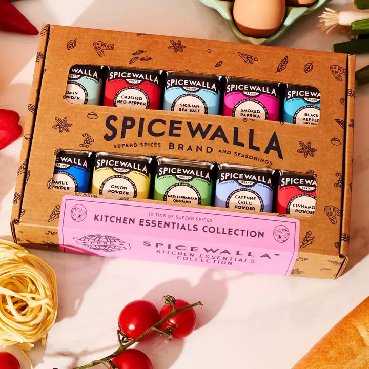 Spicewalla Kitchen Essentials Collection featuring ten gourmet spice blends and seasonings in a gift-ready box for home cooks and food lovers.