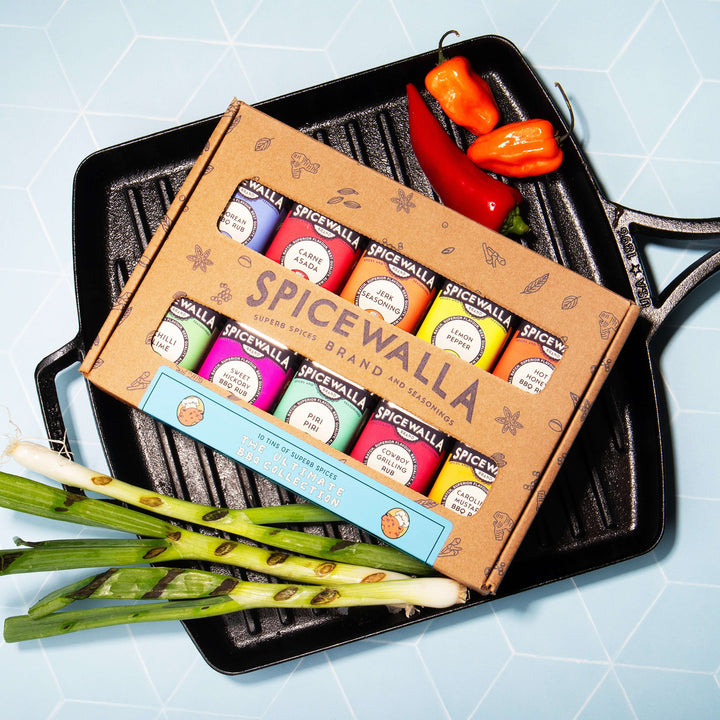 Spicewalla Ultimate BBQ Collection featuring ten premium BBQ spice blends and seasonings for grilling, smoking, roasting, and backyard barbecues.