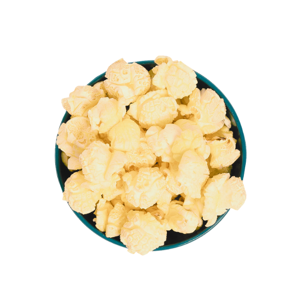 Bowl of Stevie G’s Gourmet Butter Popcorn with fluffy yellow kernels in teal bowl viewed from above