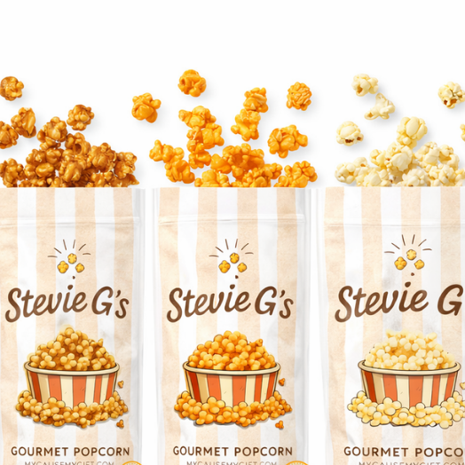 Stevie G’s Gourmet Popcorn bags with caramel, cheddar, and butter popcorn varieties popping above striped packaging