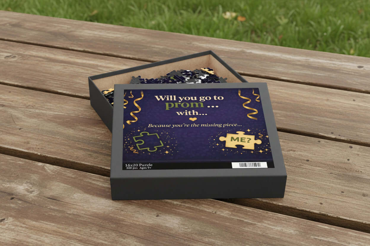 Creative promposal puzzle invitation gift box with gold ribbon accents and puzzle piece design