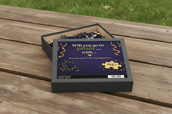 Creative promposal puzzle invitation gift box with gold ribbon accents and puzzle piece design