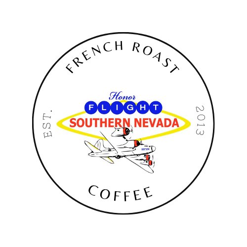 A box of single serve coffee pods with a 'Honor Flight Southern Nevada Coffee Program' label, featuring an American flag design, placed outdoors next to an American flag.